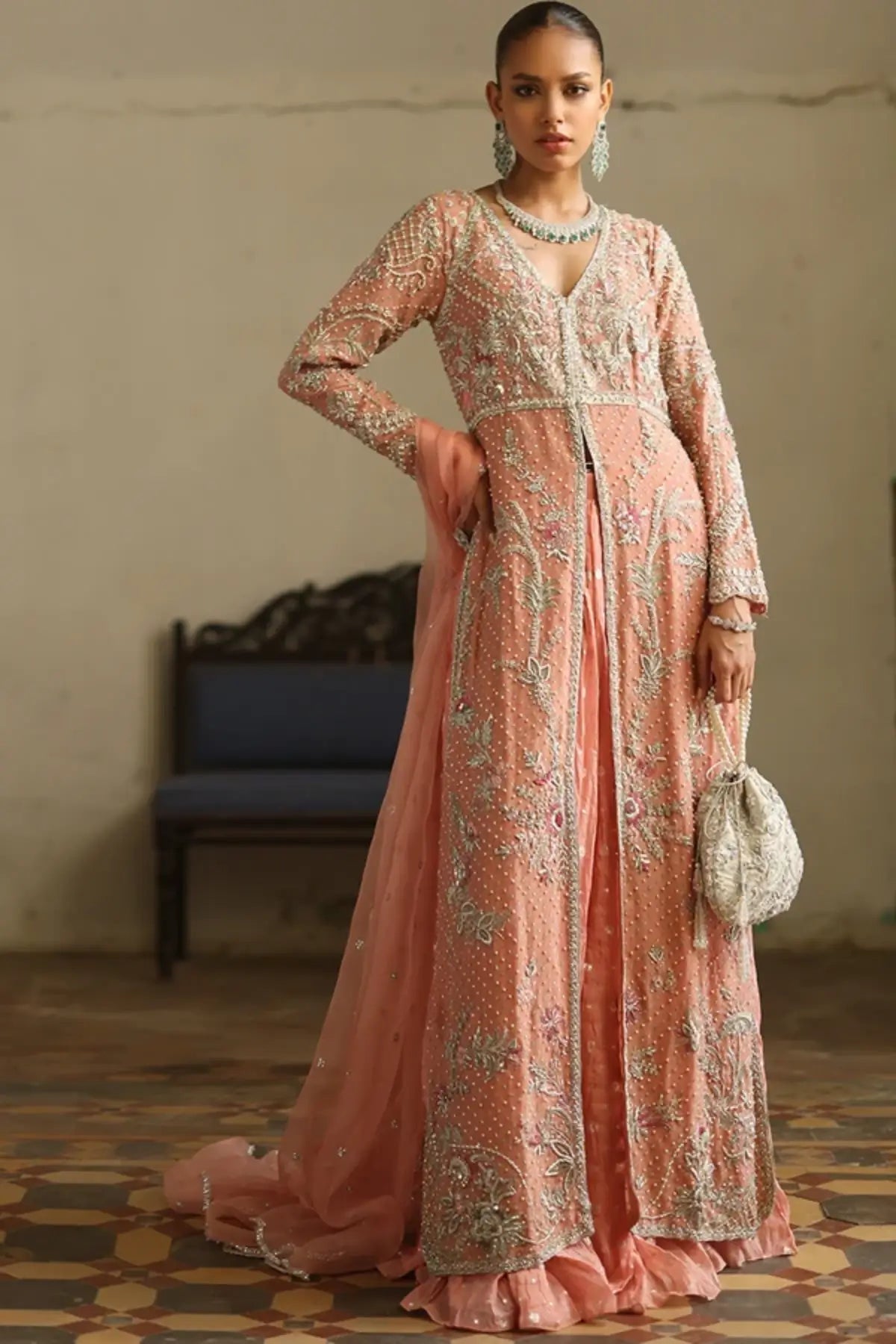 Sabrina Dusty Pink Mukesh Silk Net Nikkah Reception Pishwas with Silver Floral Embroidery, Crushed Silk Lehenga and Organza Dupatta