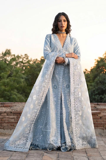 Sadeen Vasl 26 ice blue embellished silk formal stitched 3PC Pakistani suit with handwork, crushed trouser and foil organza dupatta