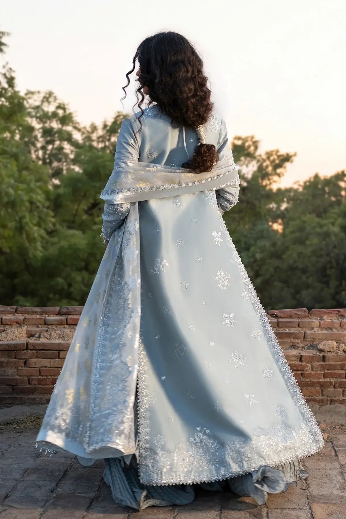 Sadeen Vasl 26 ice blue embellished silk formal stitched 3PC Pakistani suit with handwork, crushed trouser and foil organza dupatta