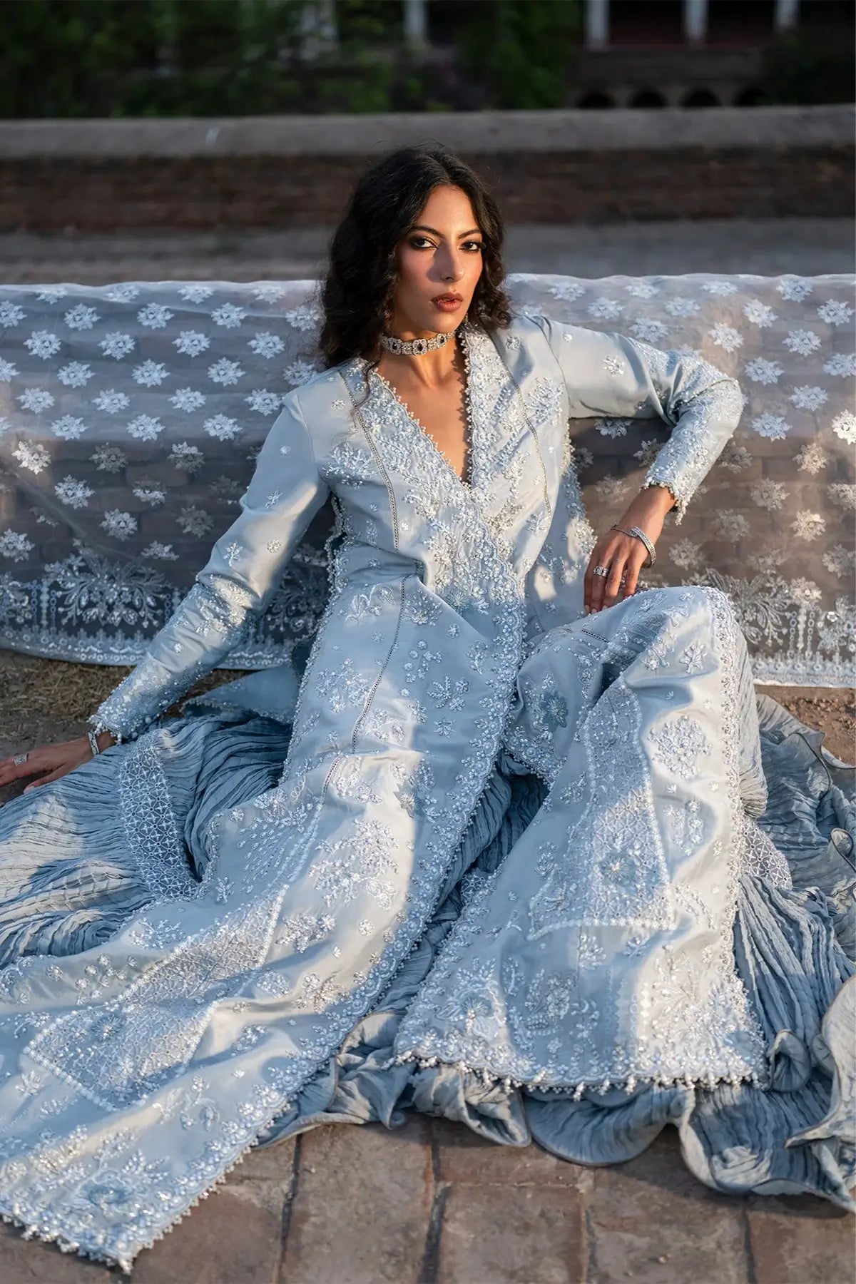 Sadeen Vasl 26 ice blue embellished silk formal stitched 3PC Pakistani suit with handwork, crushed trouser and foil organza dupatta