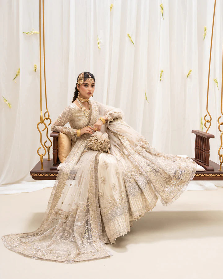 Safak Faiza Saqlain RUA ivory stitched gharara outfit with embroidered net dupatta for Nikkah brides USA – Pakistanimoda