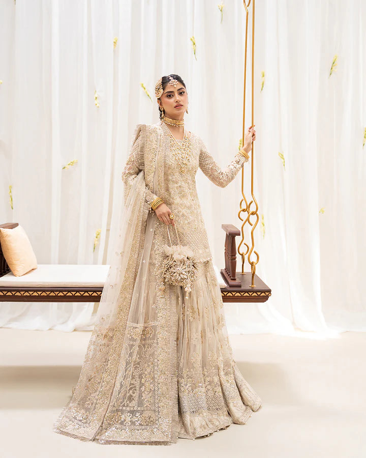 Safak Faiza Saqlain RUA ivory stitched gharara outfit with embroidered net dupatta for Nikkah brides USA – Pakistanimoda.