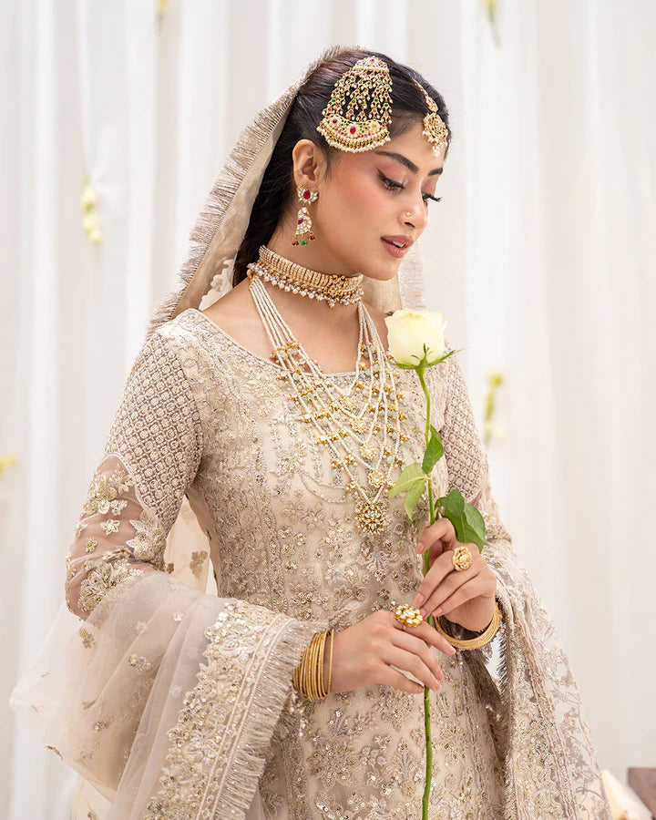 Safak Faiza Saqlain RUA ivory stitched gharara outfit with embroidered net dupatta for Nikkah brides USA – Pakistanimoda