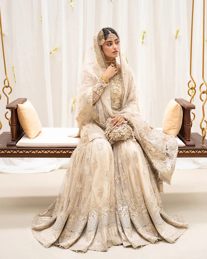 Safak Faiza Saqlain RUA ivory stitched gharara outfit with embroidered net dupatta for Nikkah brides USA – Pakistanimoda