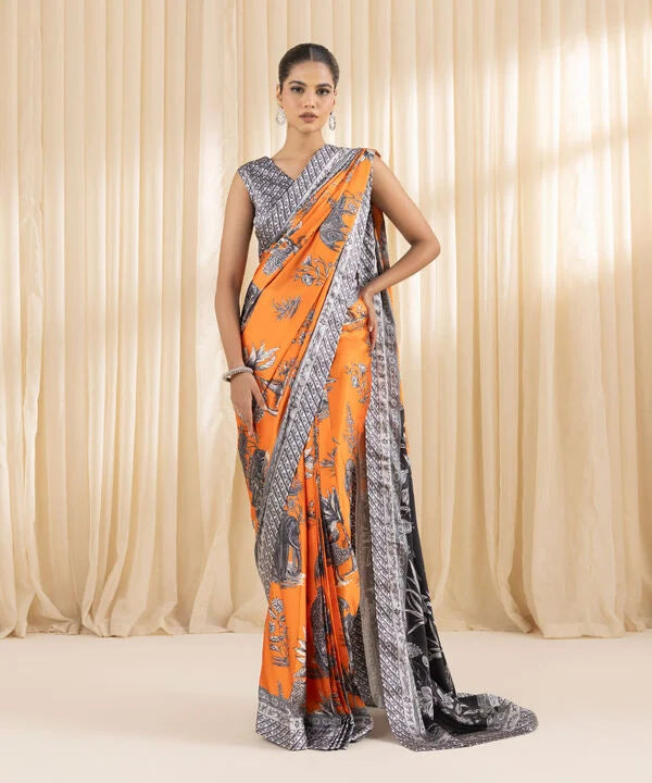 Saffron Bliss -Stylish Evening Wear Saree in Satin Fabric