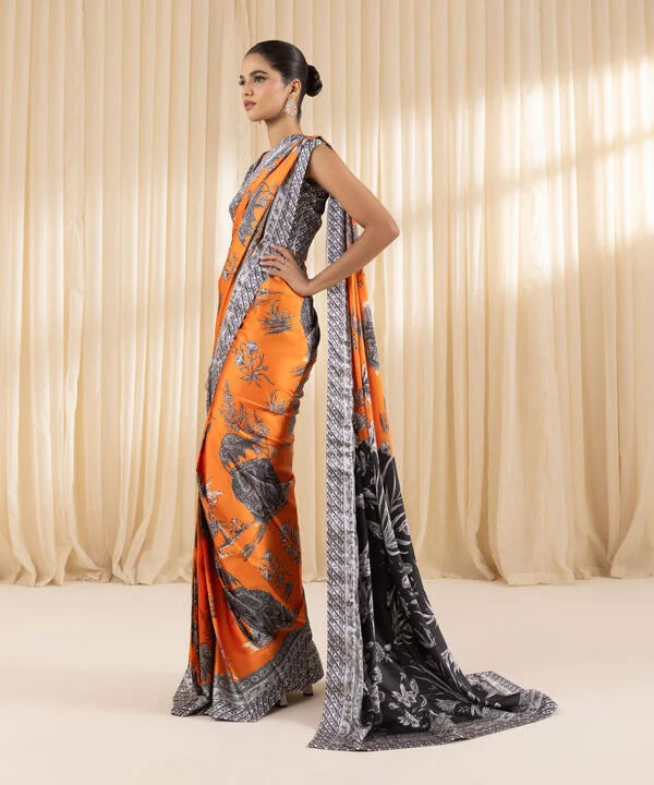 Saffron Bliss -Stylish Evening Wear Saree in Satin Fabric