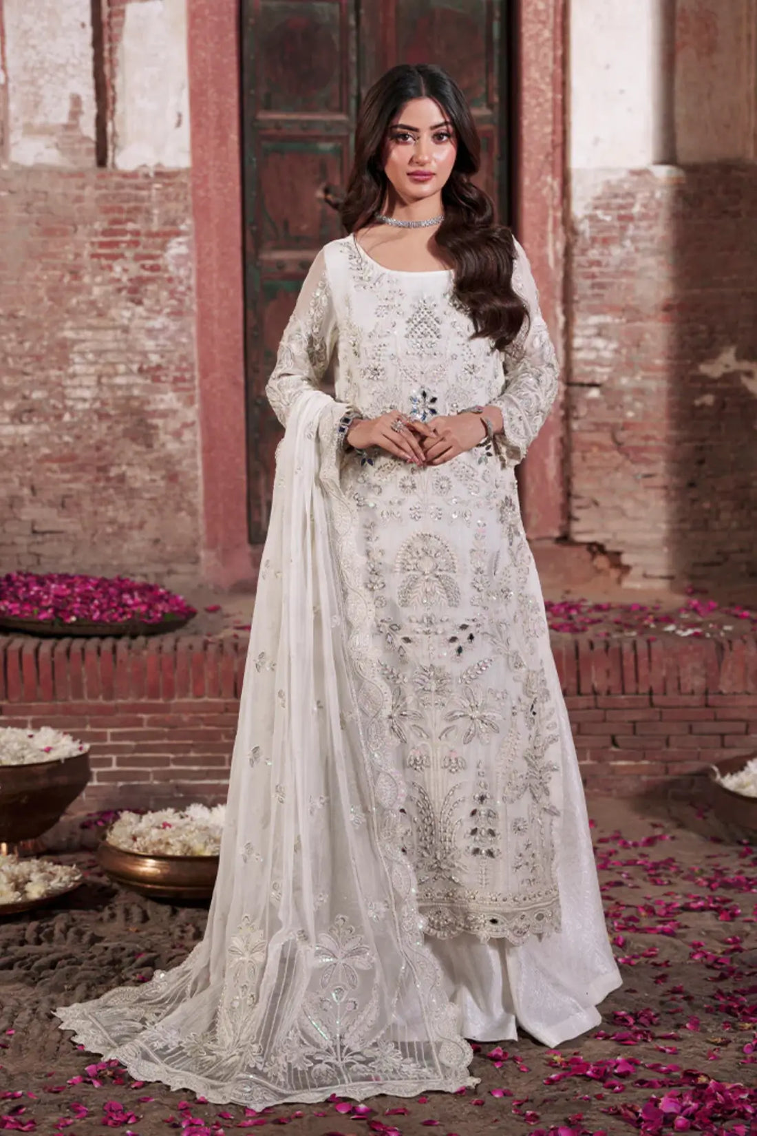 Safina Imrozia Serene Sajal Vol 02 off-white stitched engagement reception dress embroidered organza Pakistanimoda.com