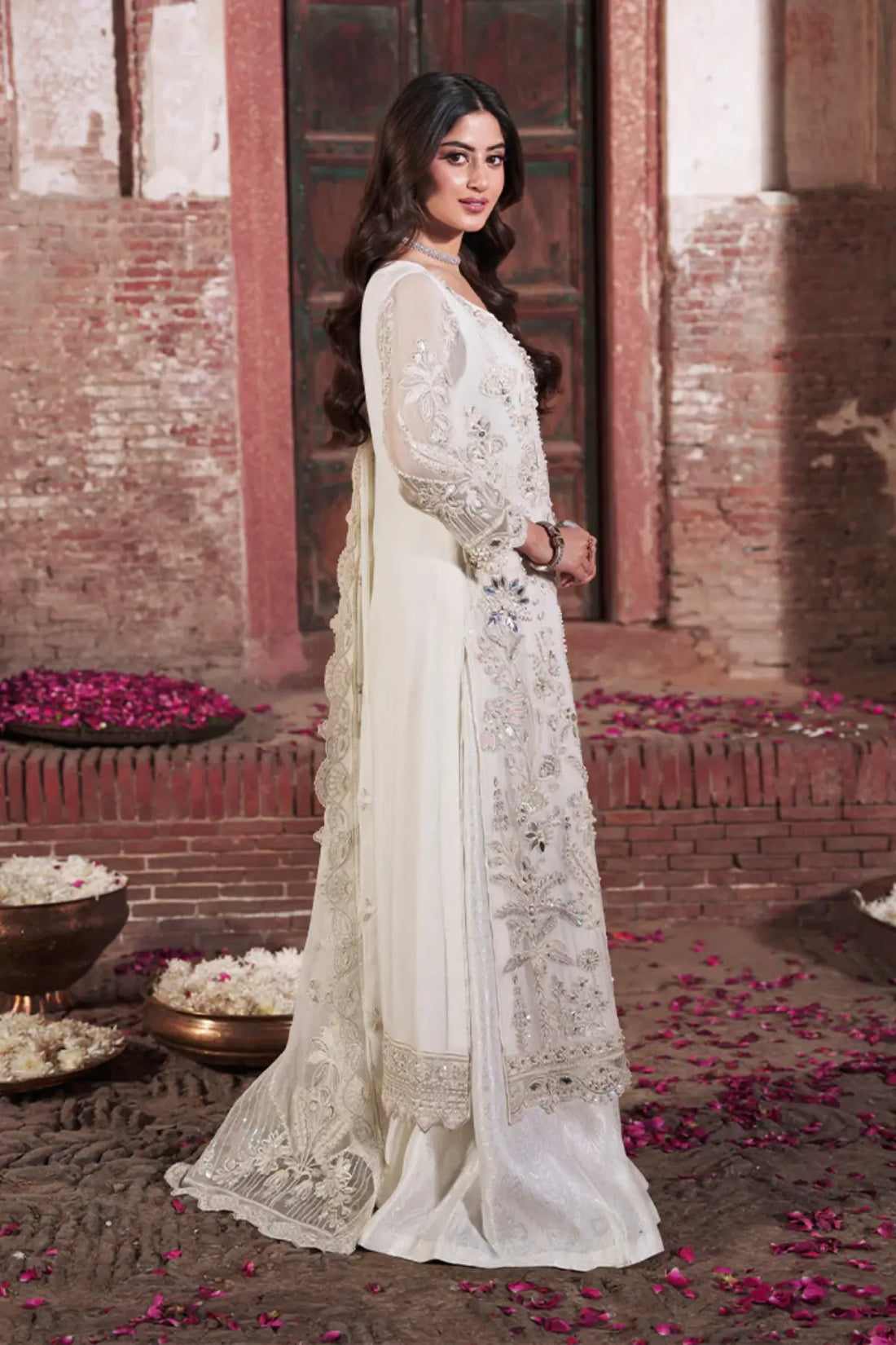 Safina Imrozia Serene Sajal Vol 02 off-white stitched engagement reception dress embroidered organza Pakistanimoda.com