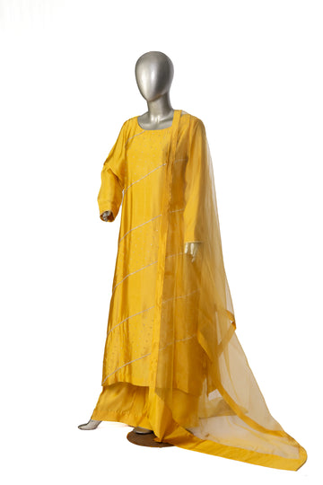 Mustard Yellow Sheesha Silk Outfit with Stone Handwork – Safina