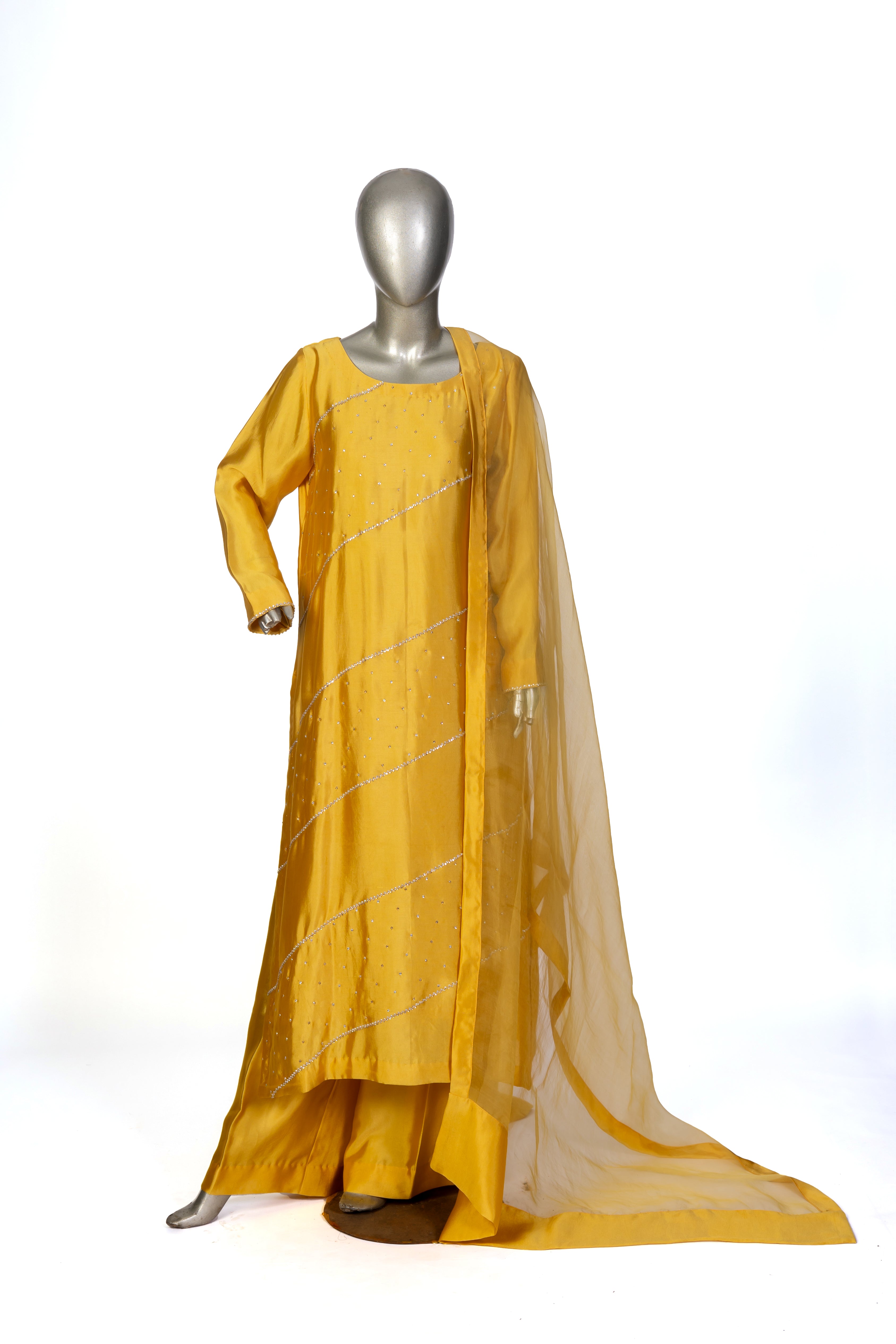 Mustard Yellow Sheesha Silk Outfit with Stone Handwork – Safina 