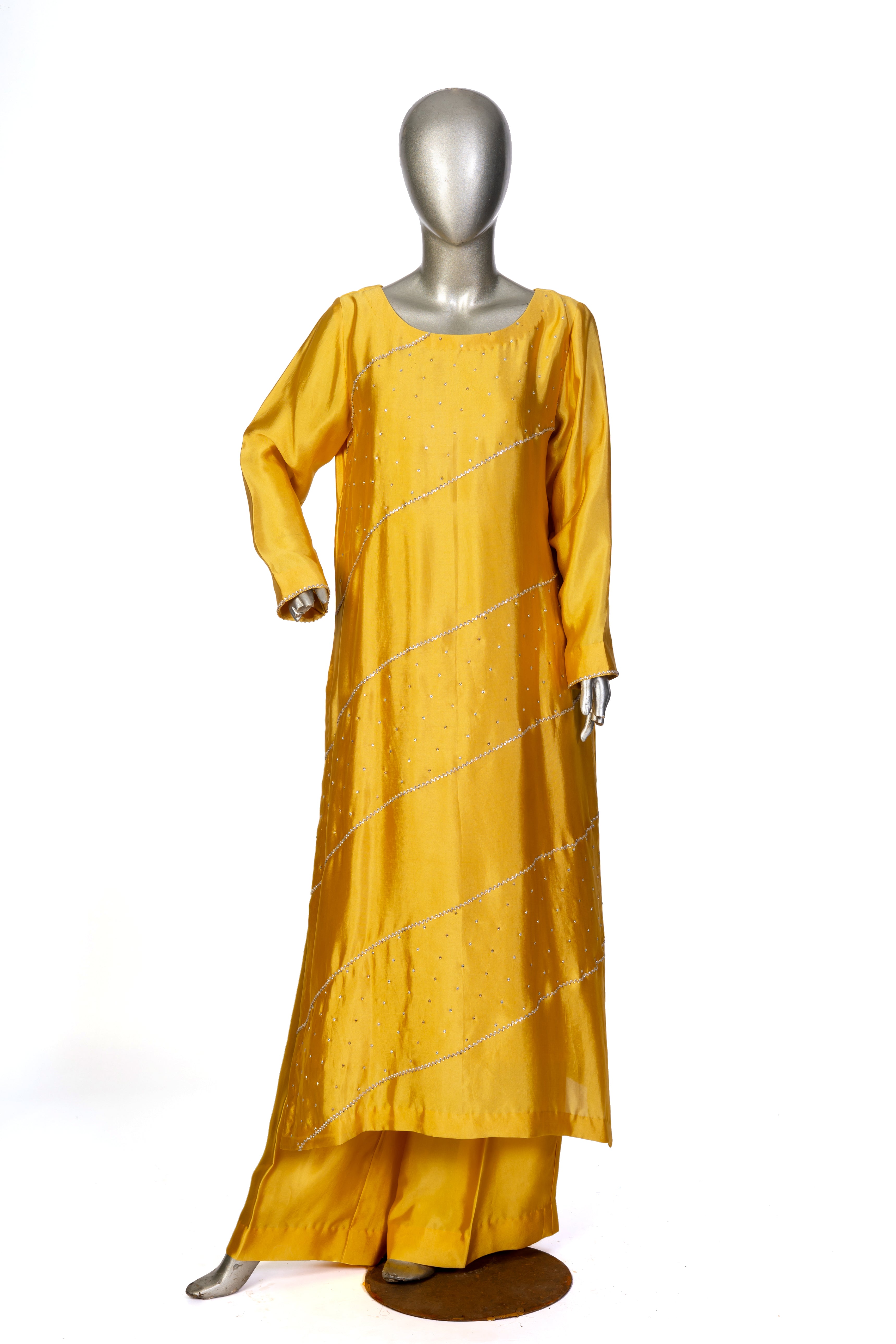 Mustard Yellow Sheesha Silk Outfit with Stone Handwork – Safina