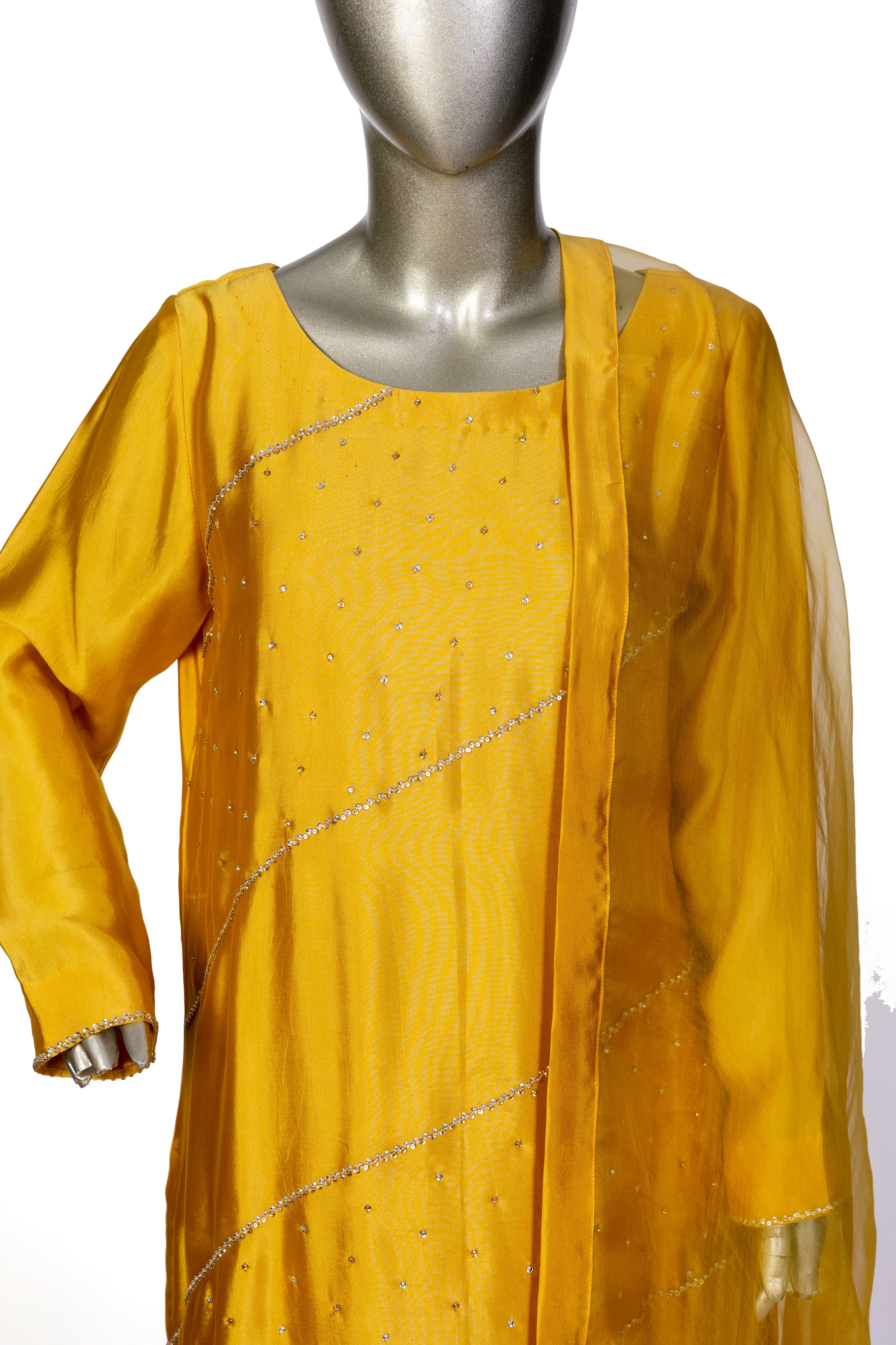 Mustard Yellow Sheesha Silk Outfit with Stone Handwork – Safina