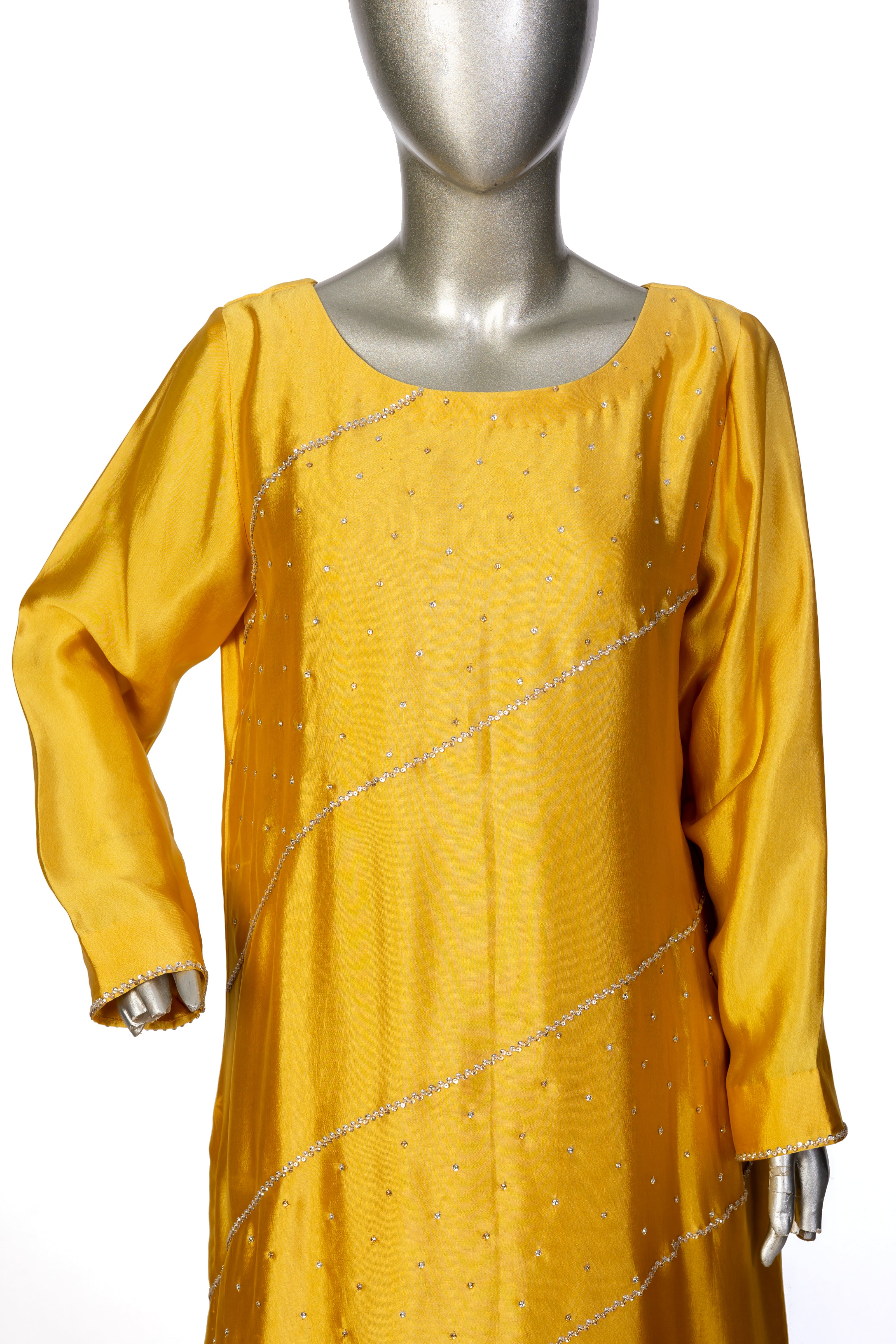 Mustard Yellow Sheesha Silk Outfit with Stone Handwork – Safina