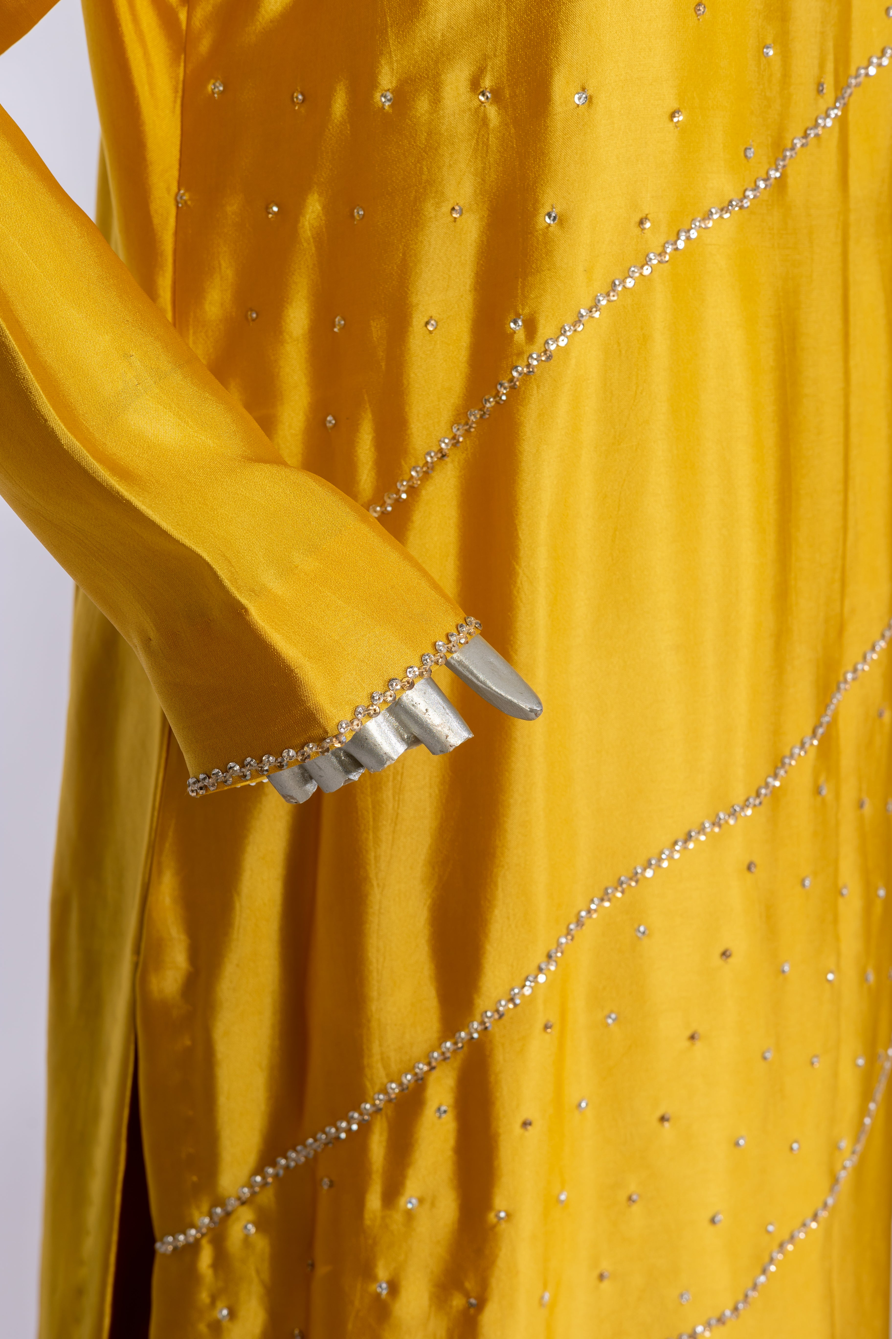 Mustard Yellow Sheesha Silk Outfit with Stone Handwork – Safina