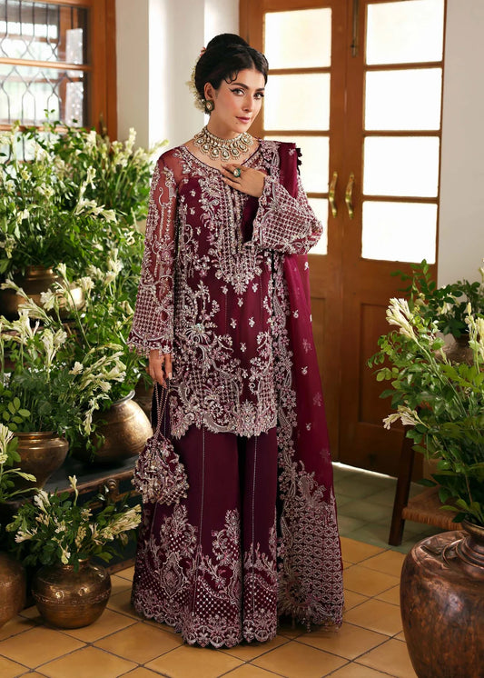Safiya – Imperial Plum Organza Suit Maahi Festive ’25 by Kanwal Malik stitched only with embroidery, laser-cut dupatta & trouser – festive wear.