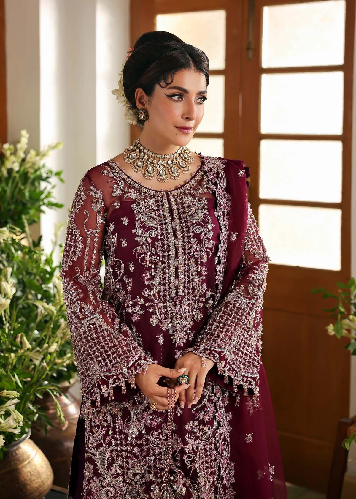 Safiya – Imperial Plum Organza Suit Maahi Festive ’25 by Kanwal Malik stitched only with embroidery, laser-cut dupatta & trouser – festive wear.