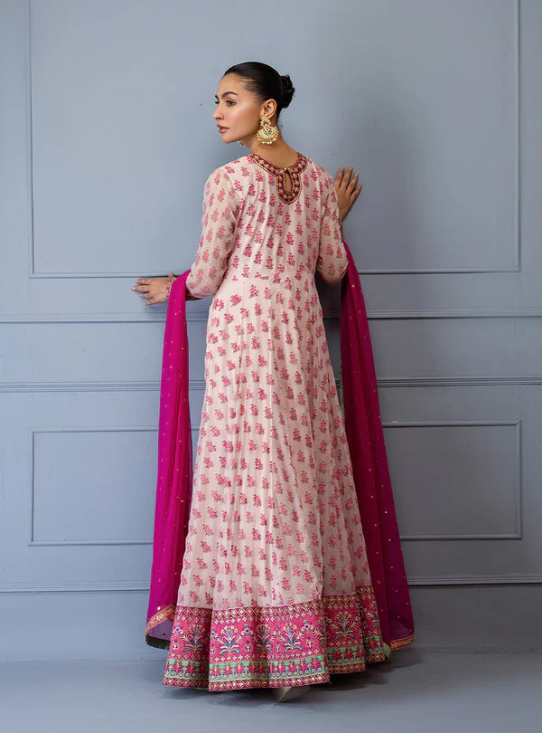 Safiye by Zainab Chottani ivory frock with pink block prints, hand embroidery, sequin chan, raw silk trousers, and pink chiffon dupatta for weddings.