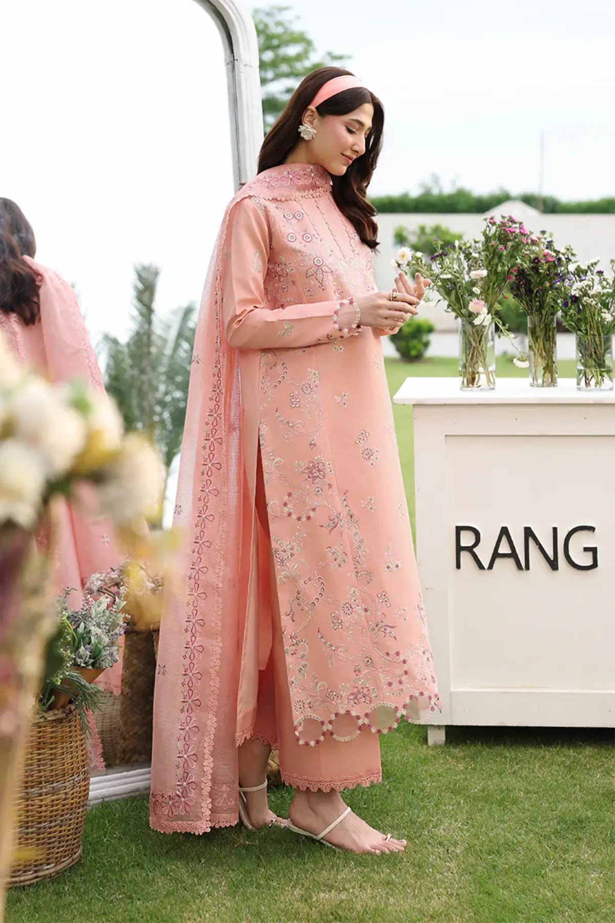 Sahar by Rang Rasiya Apricot Luxury Lawn Stitched 3PC Suit with Embroidered Textured Dupatta