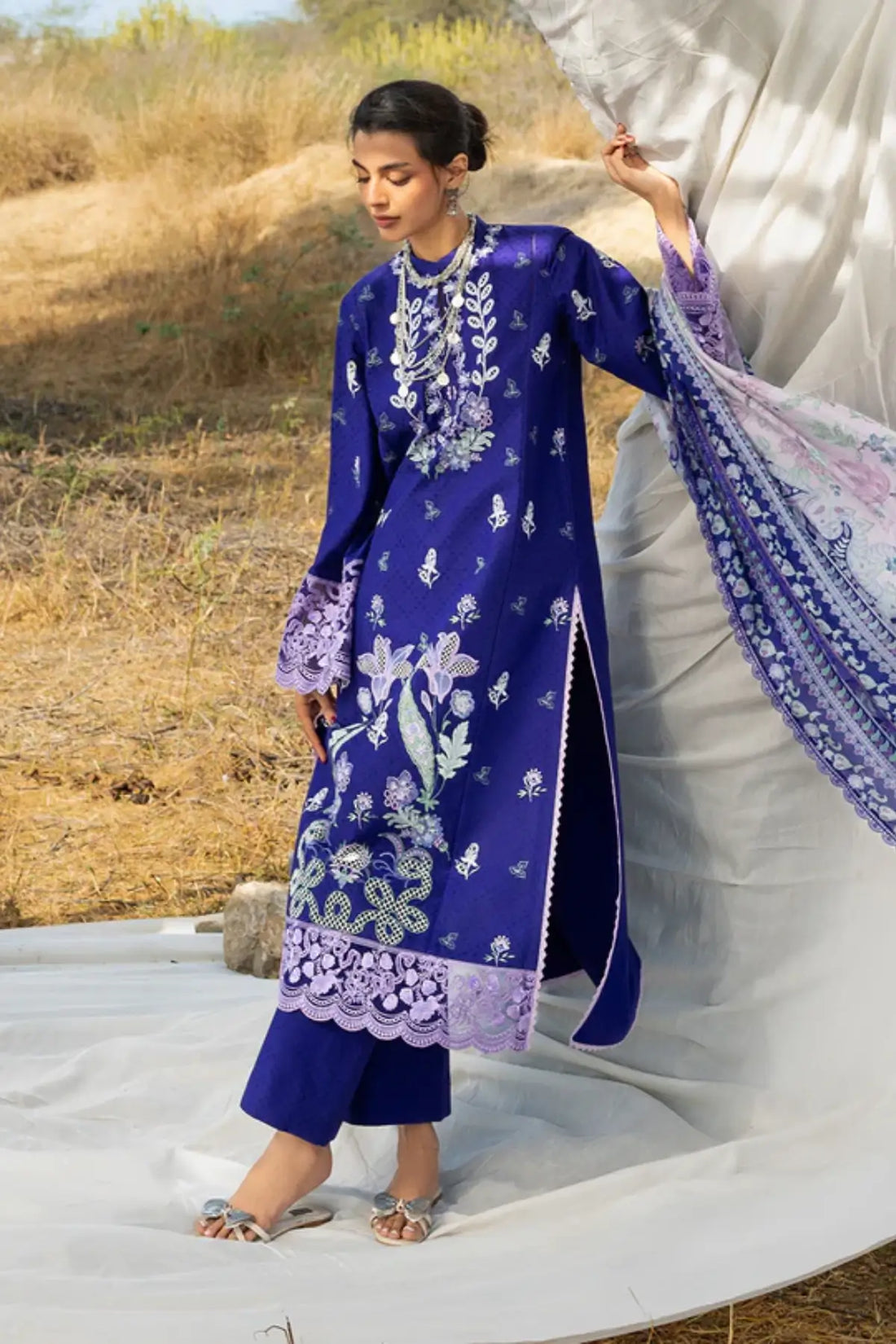 Zainab Chottani Sahar purple chikankari stitched lawn 3PC with jacquard shirt lawn pants and silk dupatta