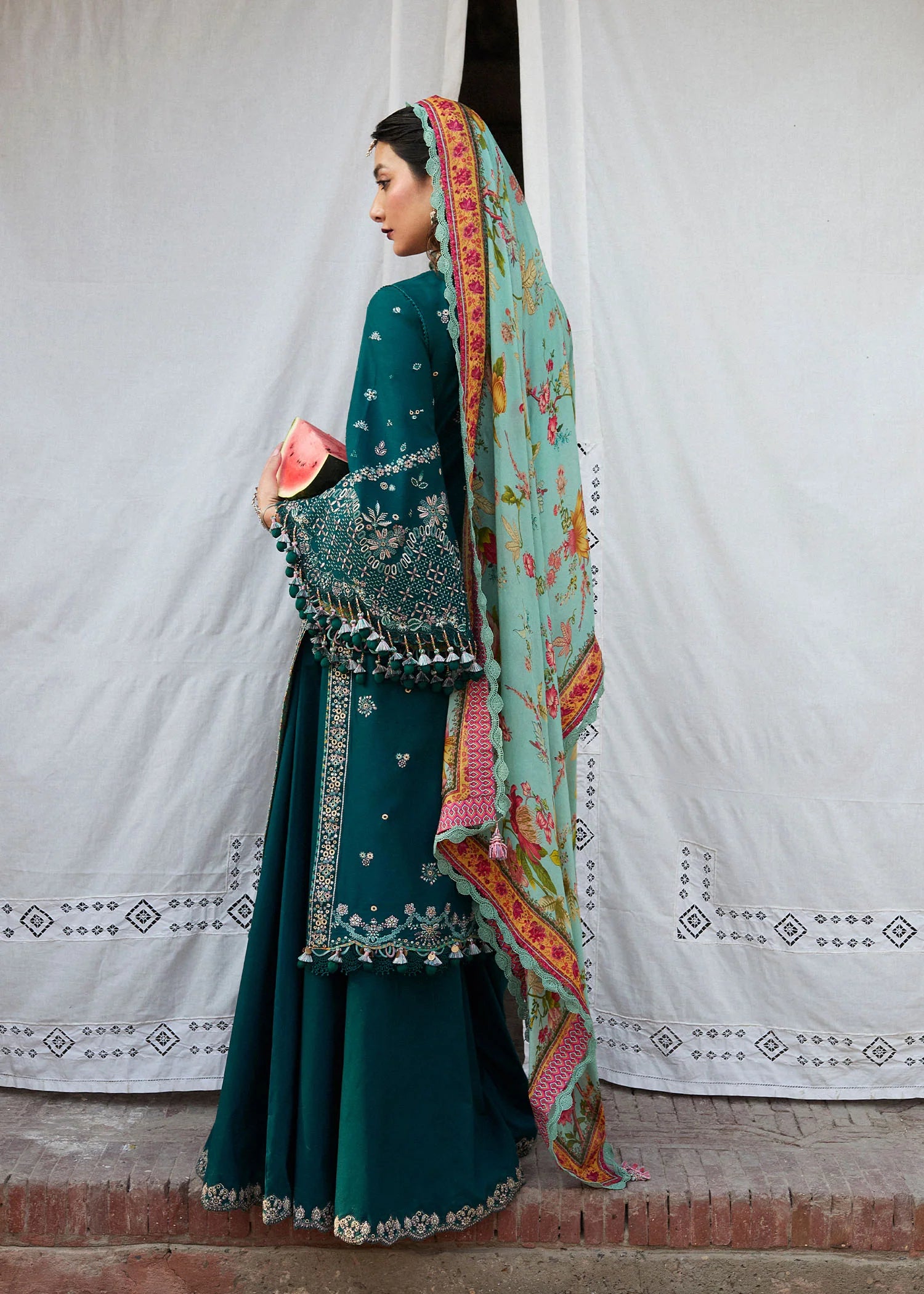 Saher-Premium embroidered lawn outfit in teal green for festive wear by-Hussain rehar