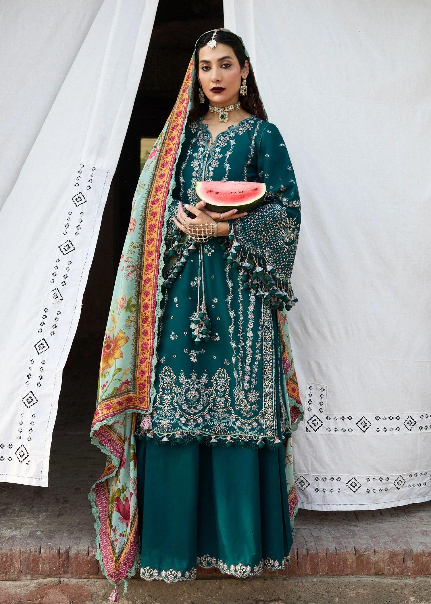 Saher-Premium embroidered lawn outfit in teal green for festive wear by-Hussain rehar