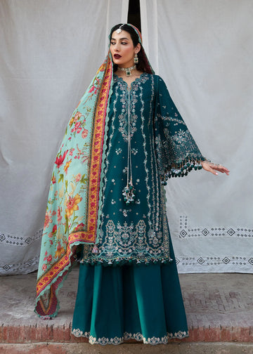 Saher-Premium embroidered lawn outfit in teal green for festive wear by-Hussain rehar