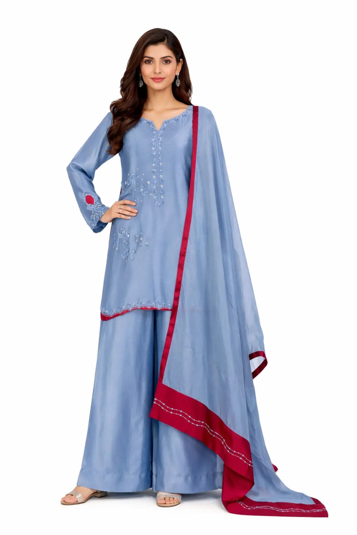 Sahiba bluish grey sheesha silk formal suit with maroon silk dupatta by MariamRaj