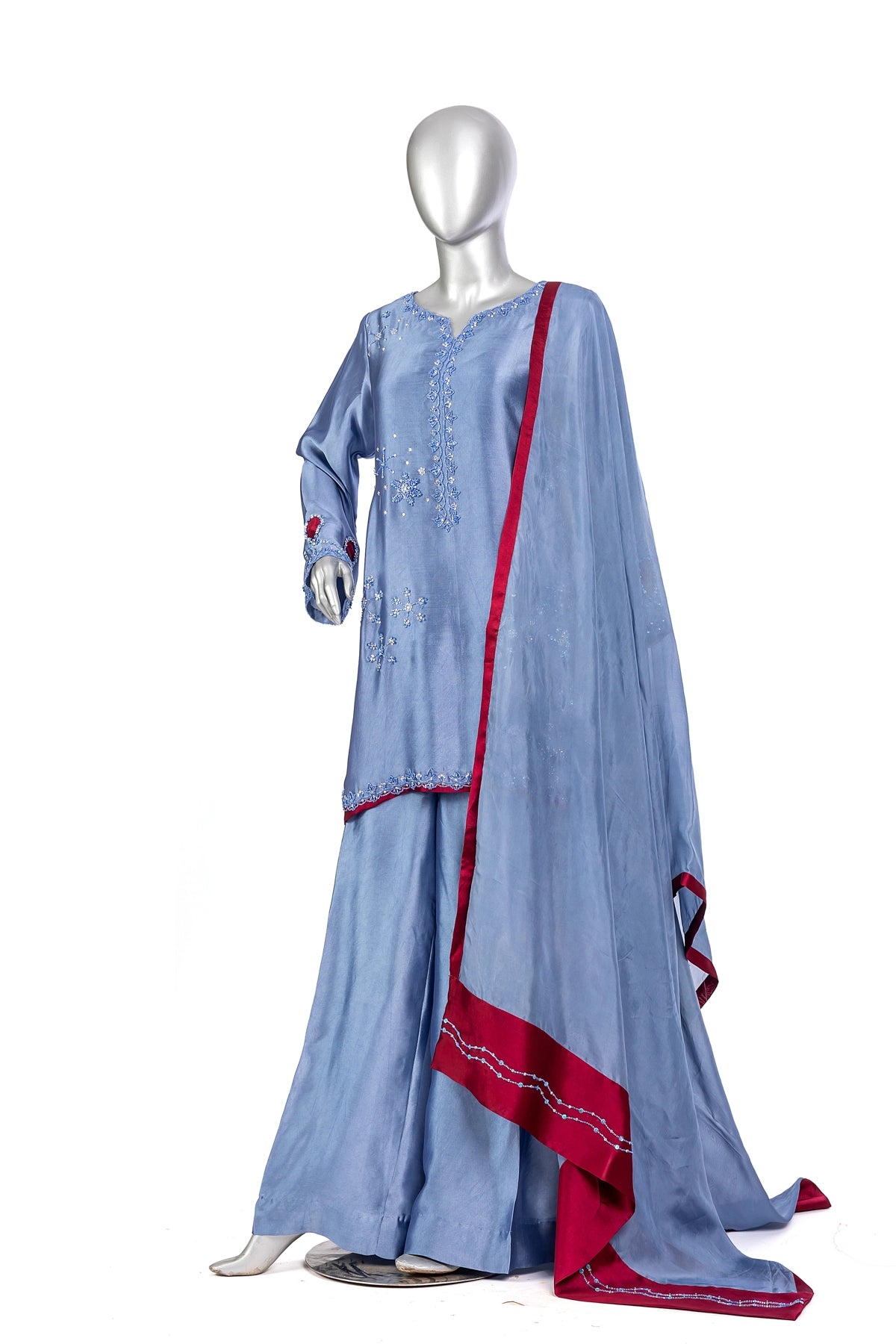 Sahiba bluish grey sheesha silk formal suit with maroon silk dupatta by MariamRaj