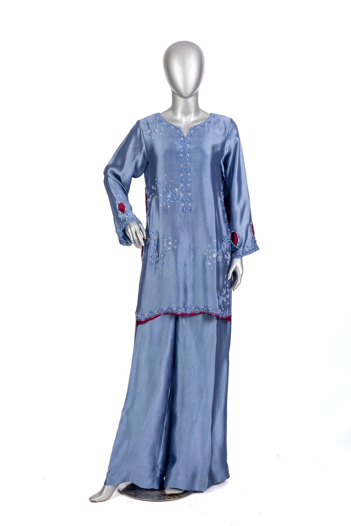 Sahiba bluish grey sheesha silk formal suit with maroon silk dupatta by MariamRaj