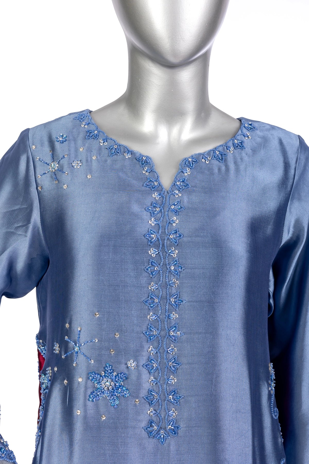 Sahiba bluish grey sheesha silk formal suit with maroon silk dupatta by MariamRaj