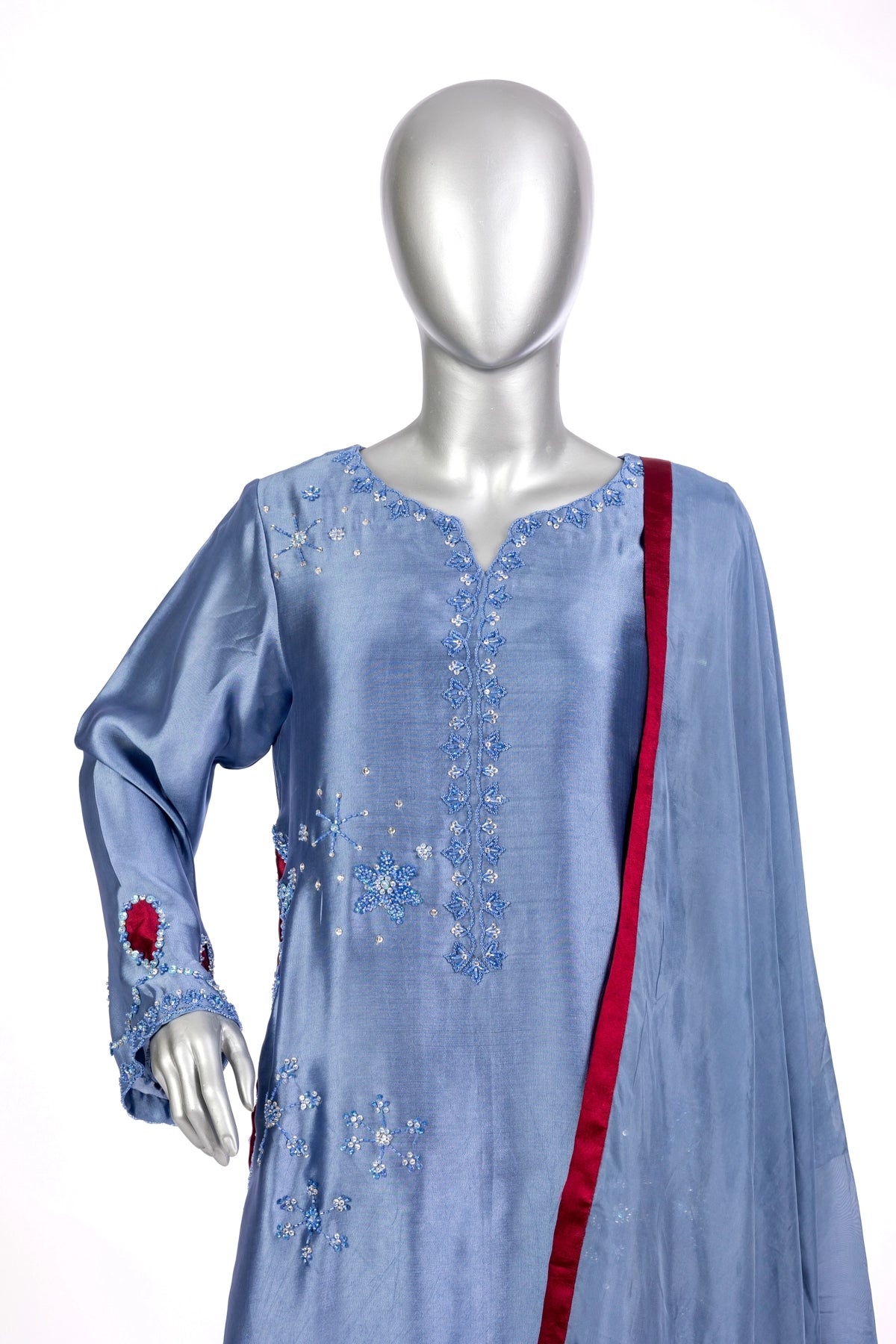 Sahiba bluish grey sheesha silk formal suit with maroon silk dupatta by MariamRaj