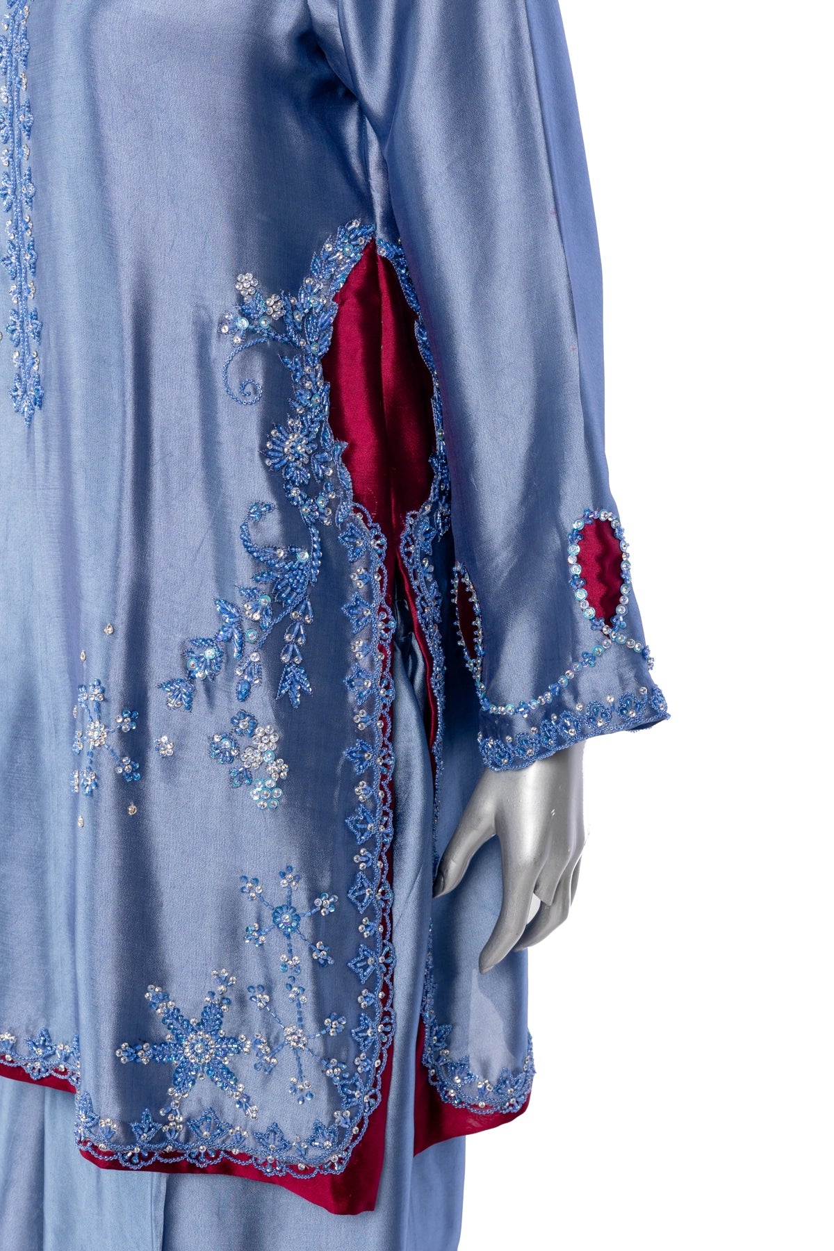 Sahiba bluish grey sheesha silk formal suit with maroon silk dupatta by MariamRaj