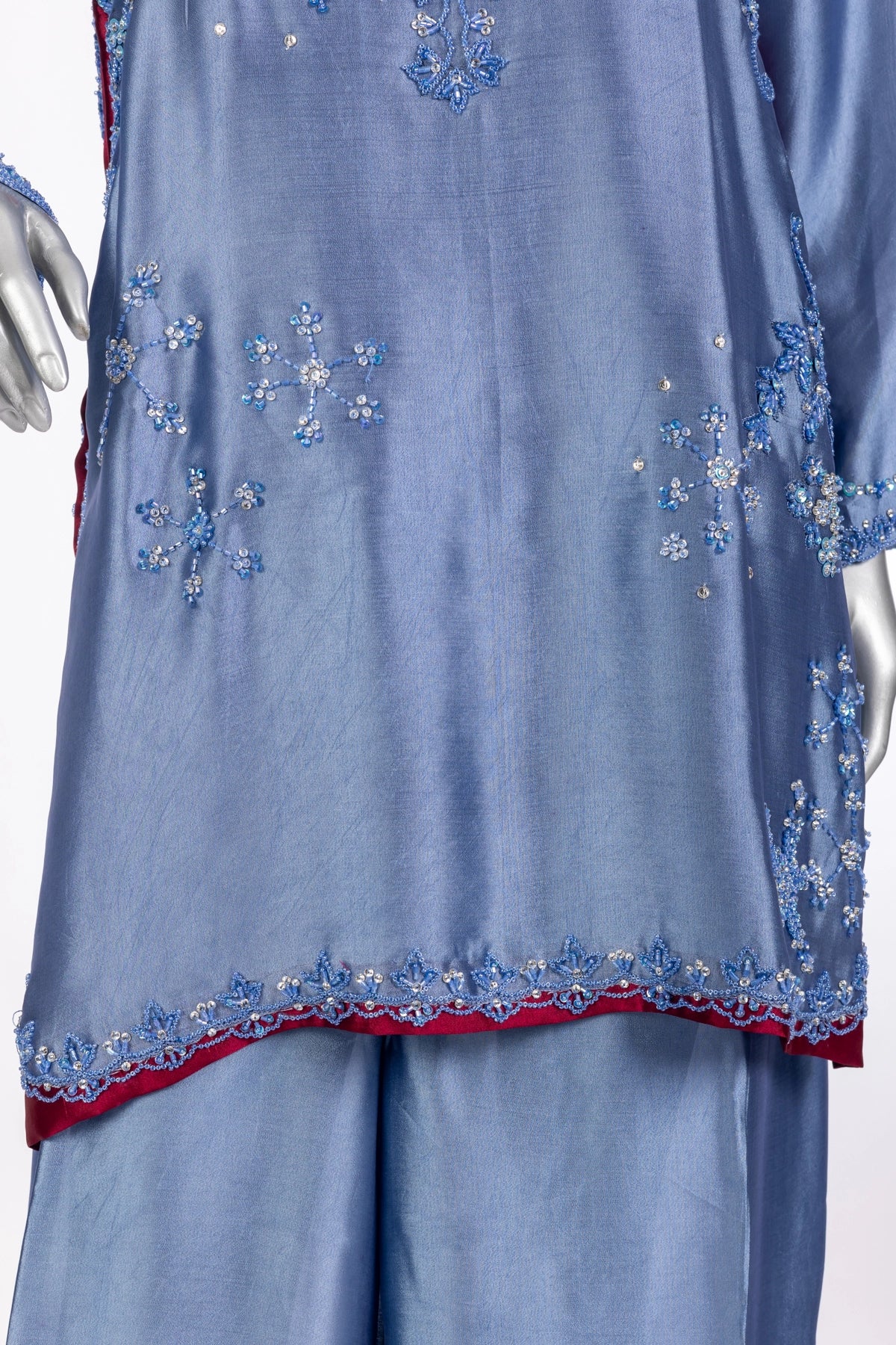 Sahiba bluish grey sheesha silk formal suit with maroon silk dupatta by MariamRaj