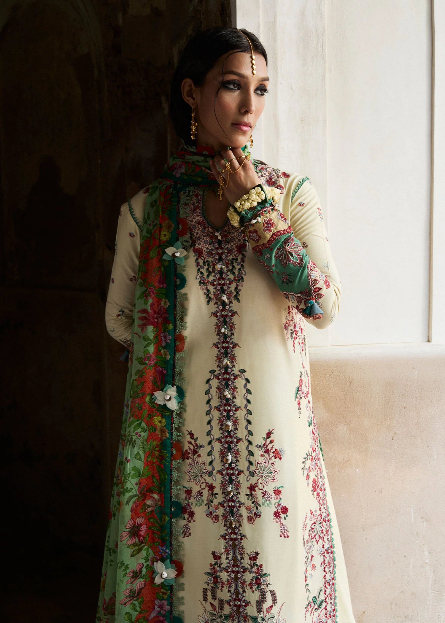 Sahil-Chic butter-yellow embroidered suit for festive occasions by-Hussain rehar
