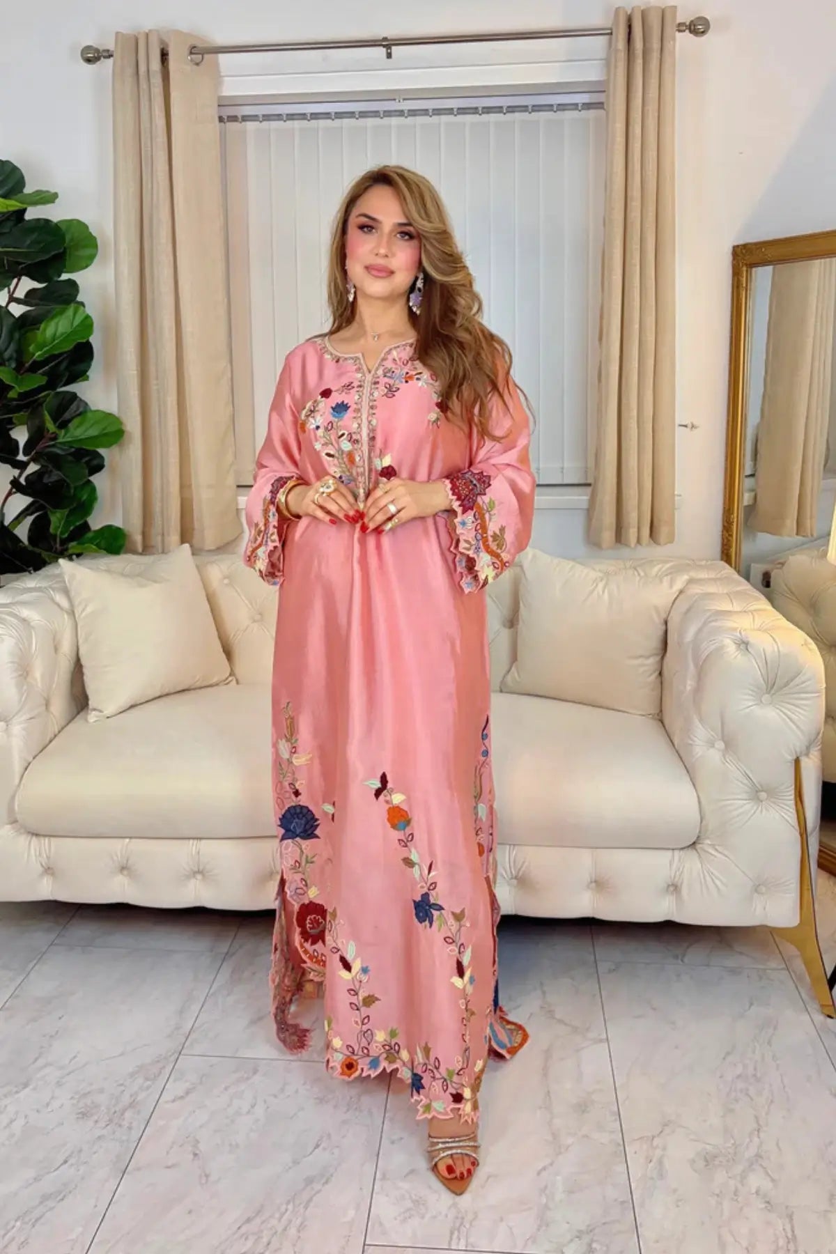 Peach pink Saim designer kaftan in sheesha silk with detailed resham embroidery