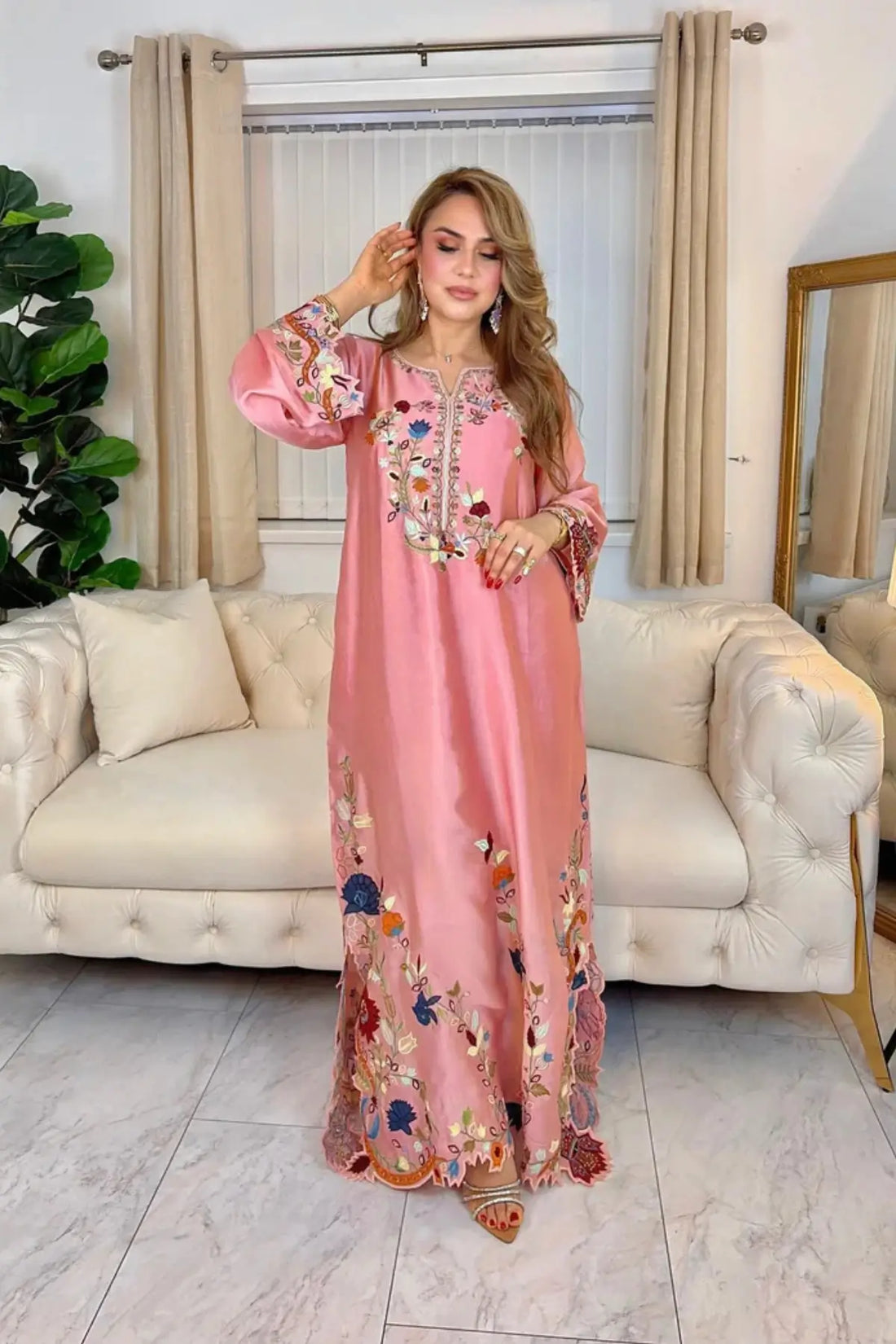 Peach pink Saim designer kaftan in sheesha silk with detailed resham embroidery
