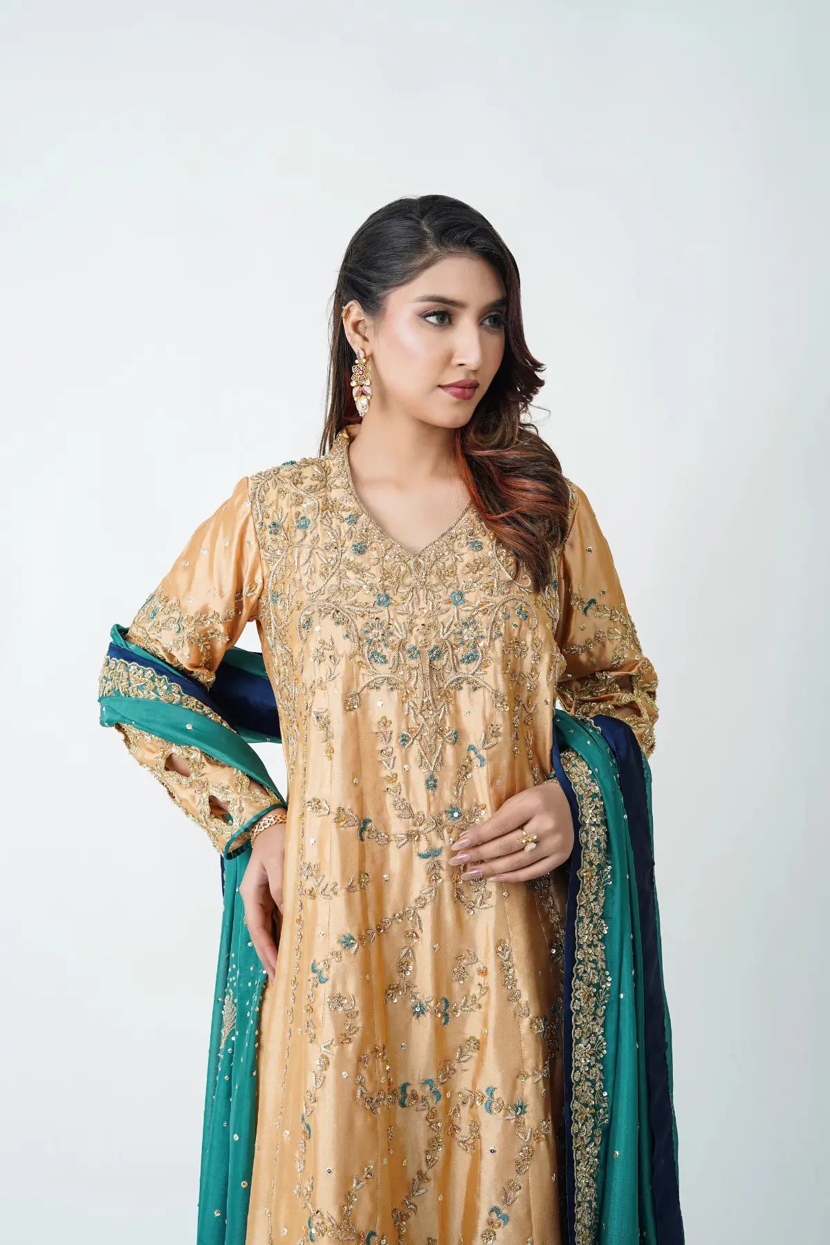 Sajal gold teal sheesha silk wedding suit with silk dupatta Pakistani designer formal by MariamRaj