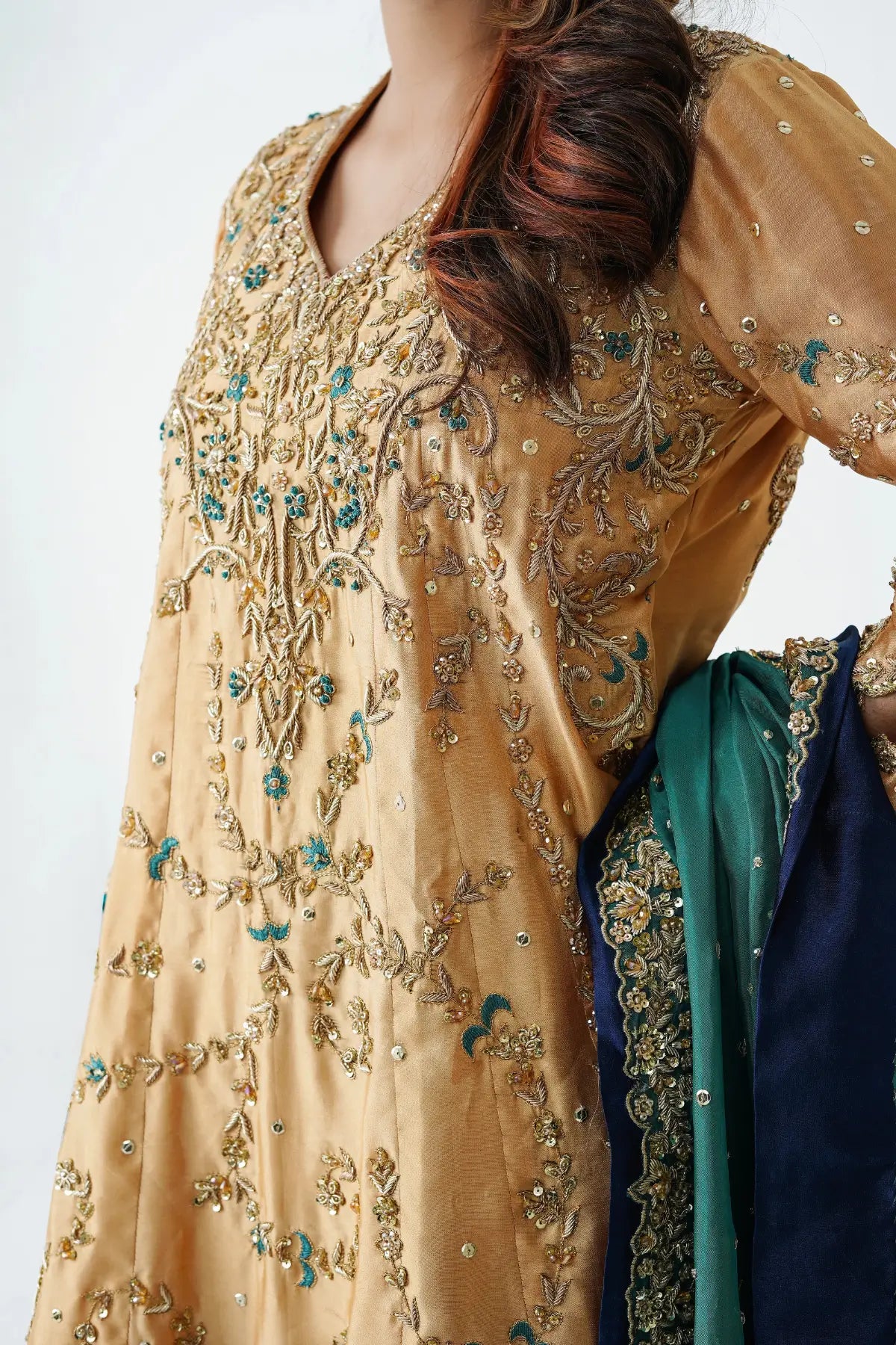 Sajal gold teal sheesha silk wedding suit with silk dupatta Pakistani designer formal by MariamRaj