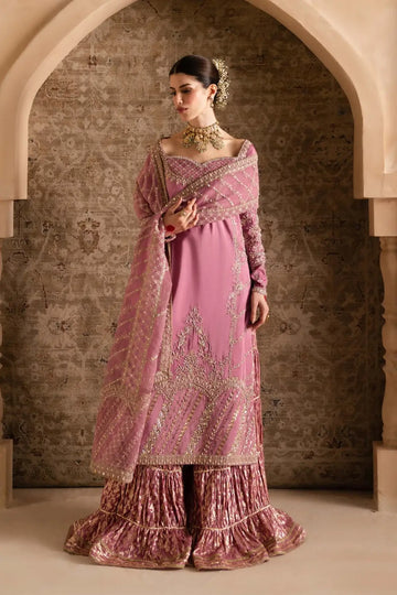 Saliha Kanwal Malik lilac long shirt and crushed flare pants 3PC set with lawn silk badla dupatta