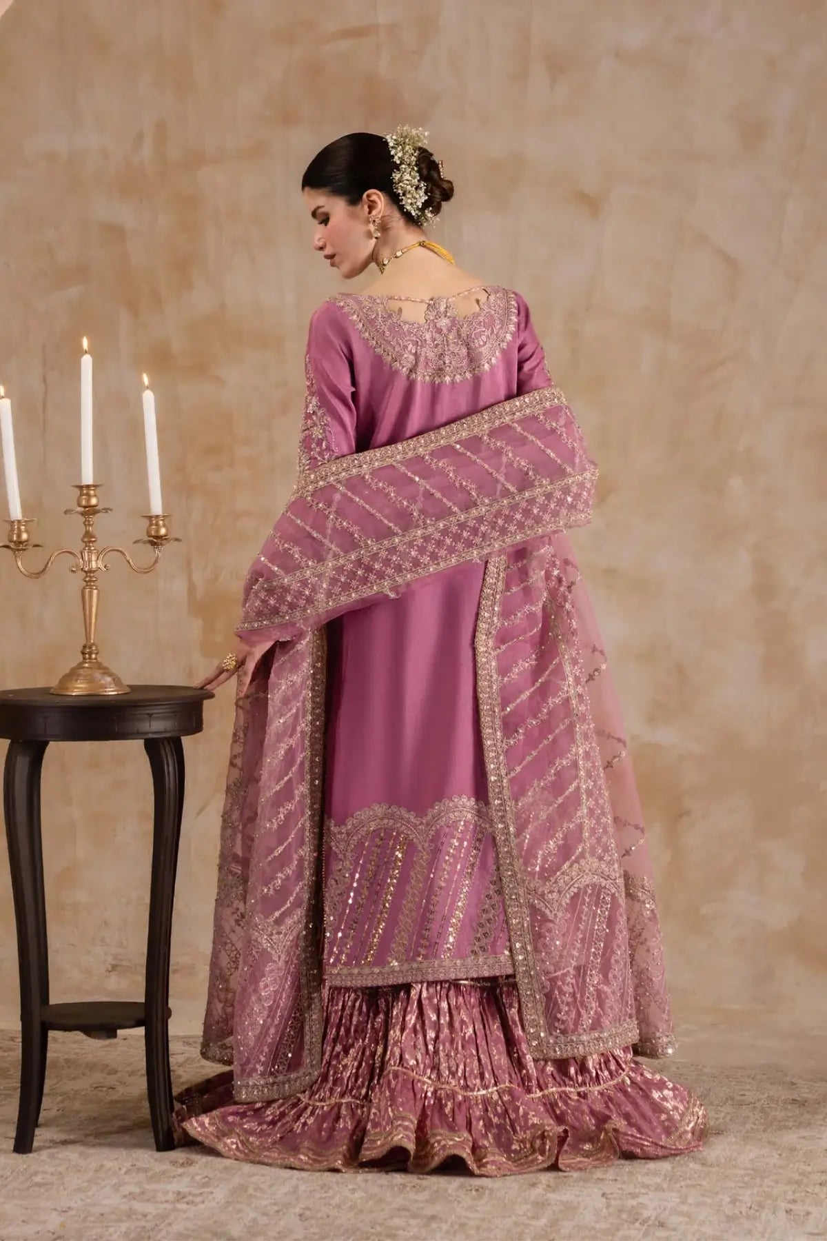 Saliha Kanwal Malik lilac long shirt and crushed flare pants 3PC set with lawn silk badla dupatta