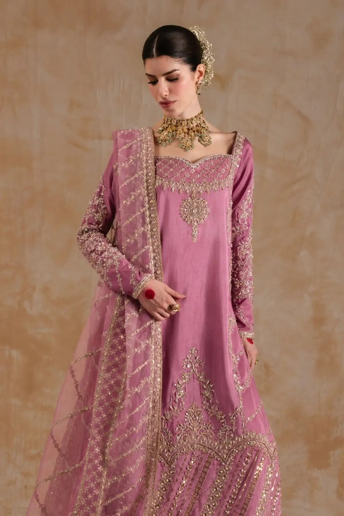 Saliha Kanwal Malik lilac long shirt and crushed flare pants 3PC set with lawn silk badla dupatta