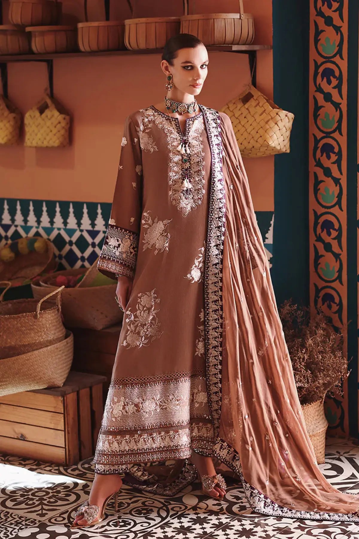 Brown raw silk embroidered 3 piece suit Sally by Mushq with chiffon dupatta Pakistanimoda