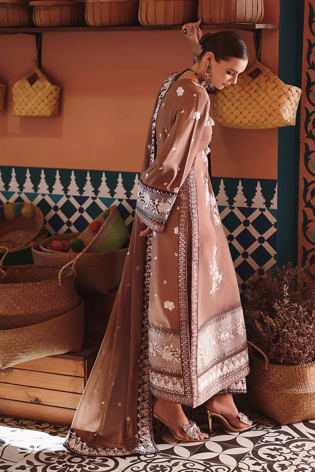 Brown raw silk embroidered 3 piece suit Sally by Mushq with chiffon dupatta Pakistanimoda
