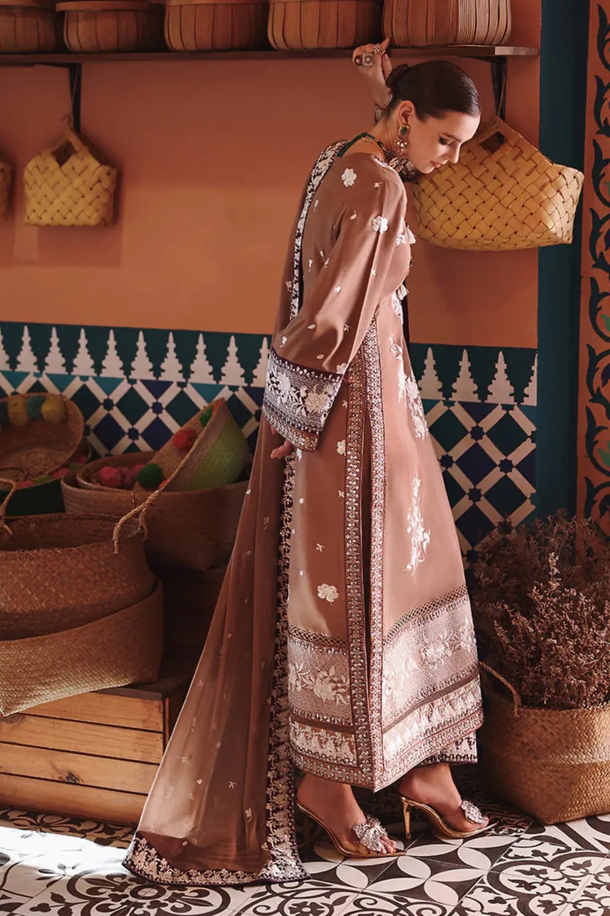 Brown raw silk embroidered 3 piece suit Sally by Mushq with chiffon dupatta Pakistanimoda