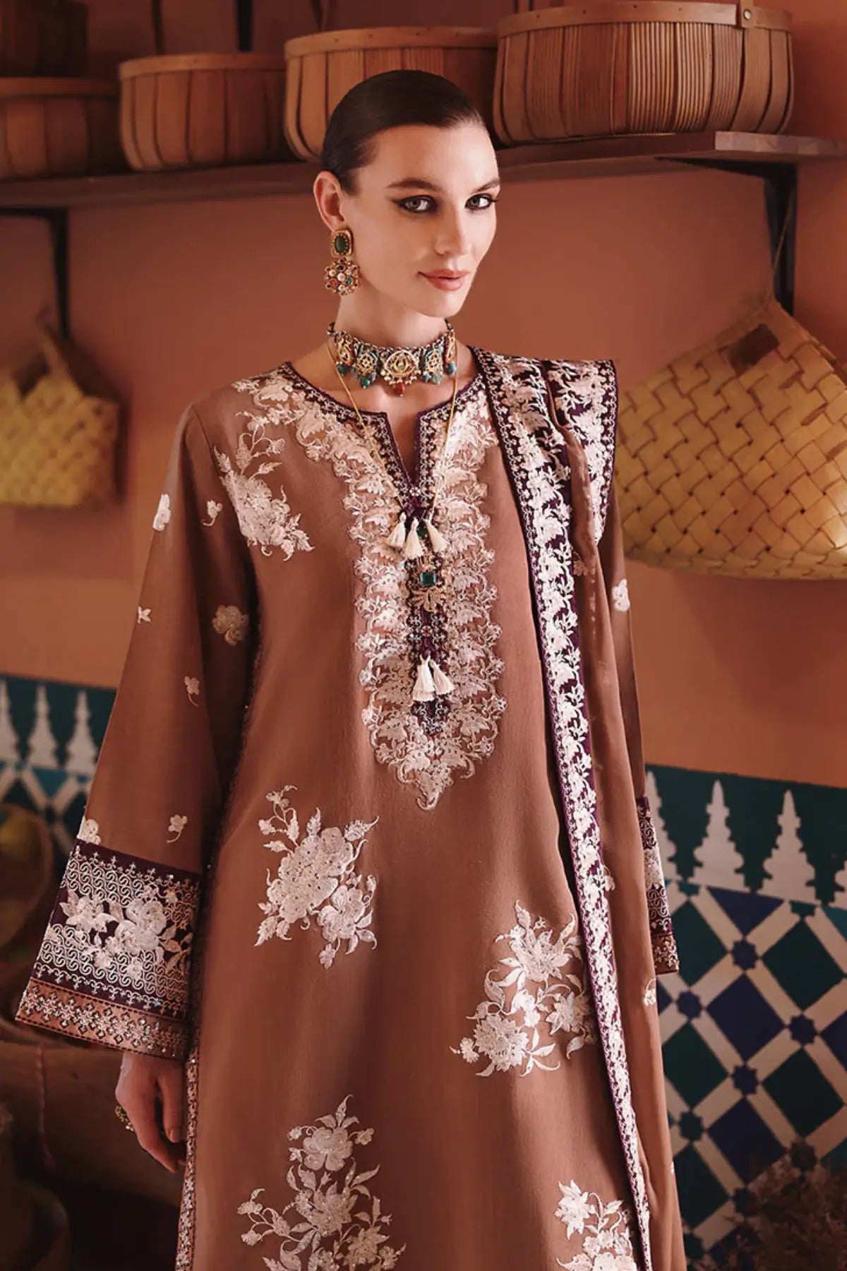 Brown raw silk embroidered 3 piece suit Sally by Mushq with chiffon dupatta Pakistanimoda