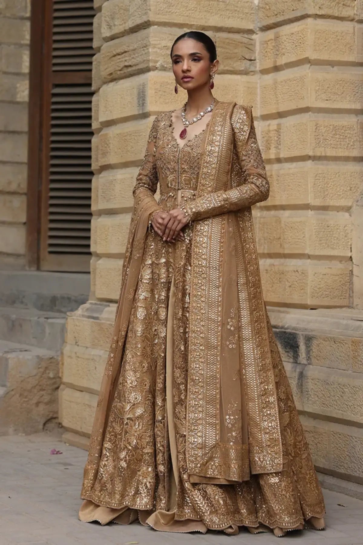 Salma Gold Zardozi Handworked Net Wedding Pishwas with Lame Tissue Lehenga