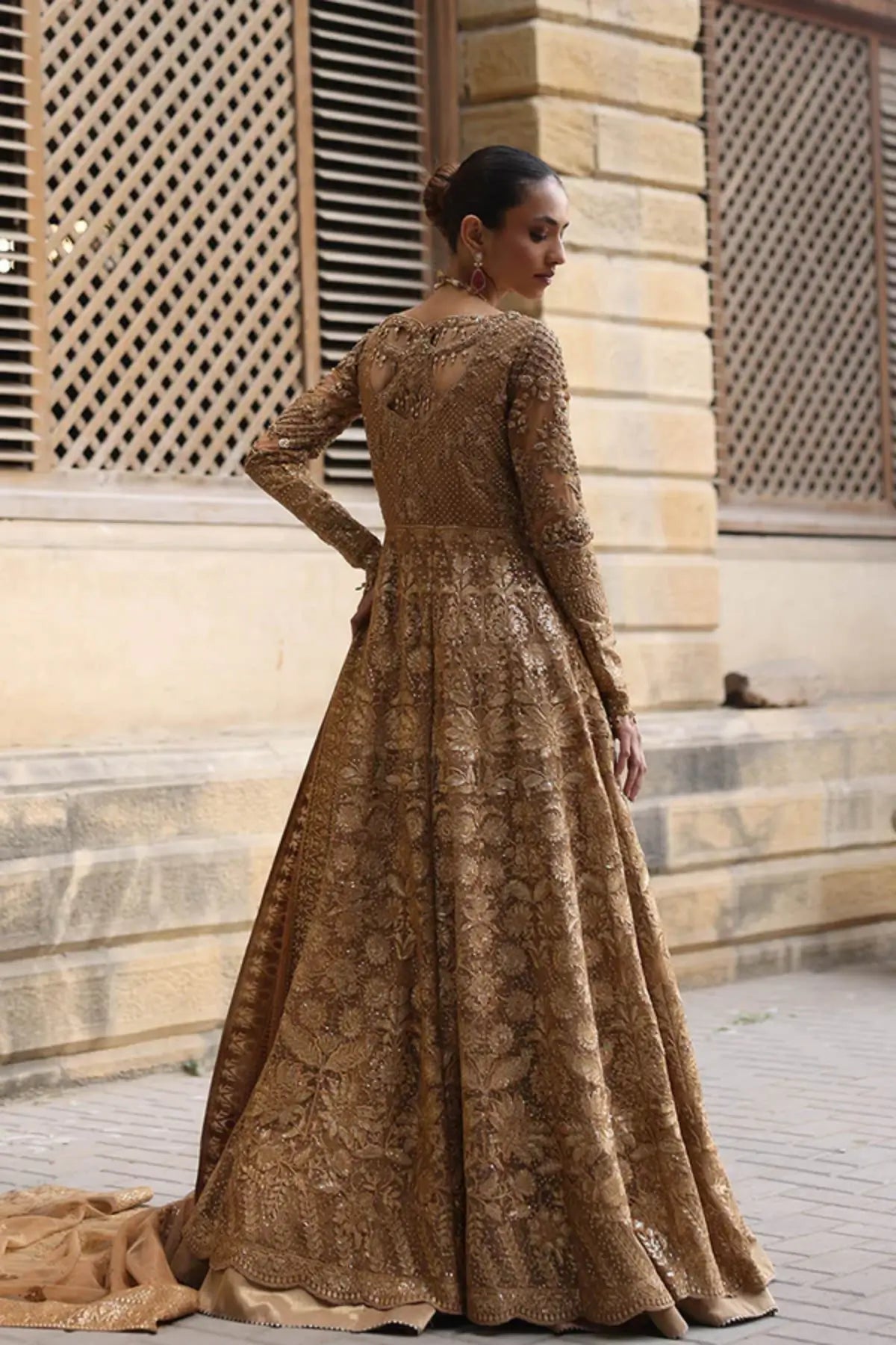 Salma Gold Zardozi Handworked Net Wedding Pishwas with Lame Tissue Lehenga