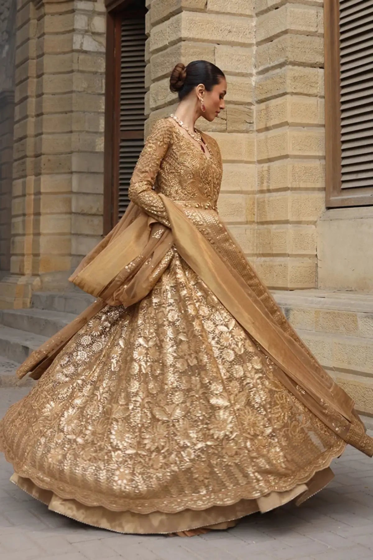 Salma Gold Zardozi Handworked Net Wedding Pishwas with Lame Tissue Lehenga