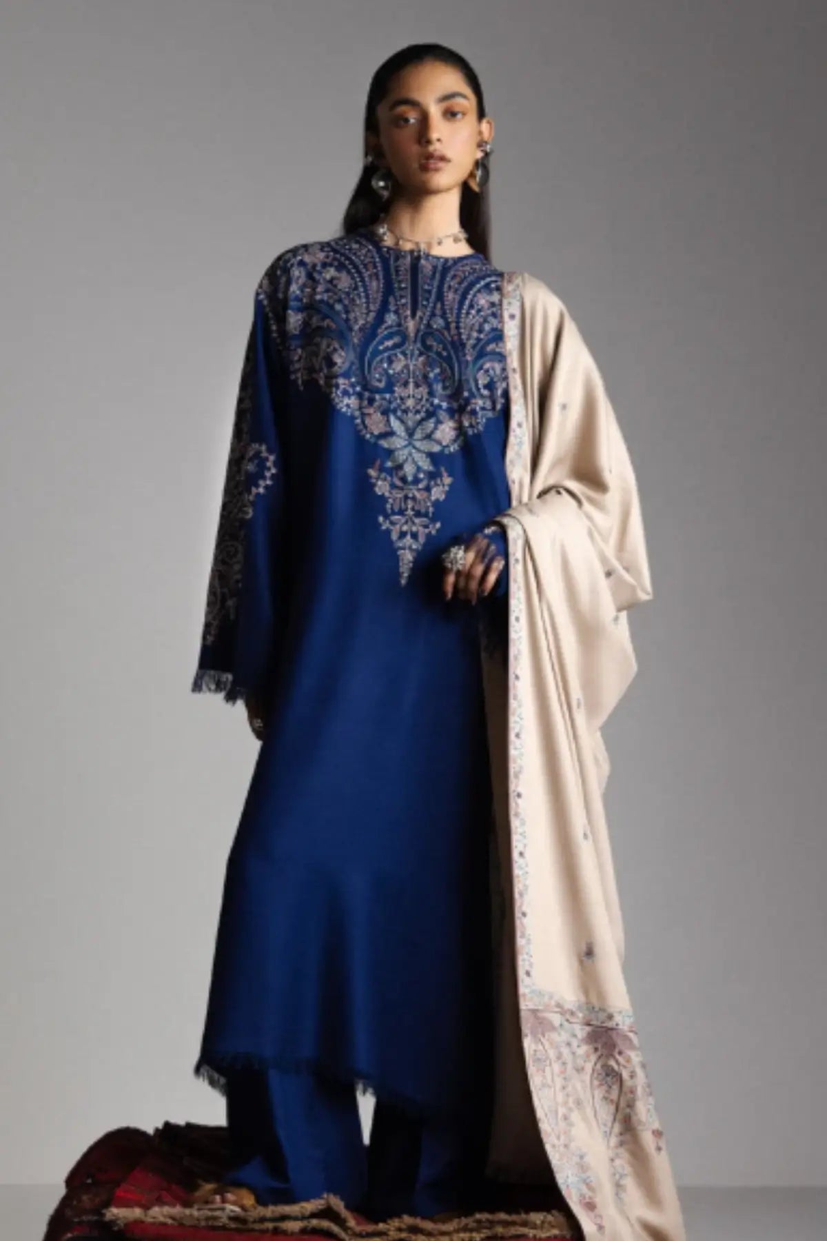 Zara Shahjahan Samarkand D6 navy blue embroidered marina stitched winter suit with beige shawl from Saraab 2026
