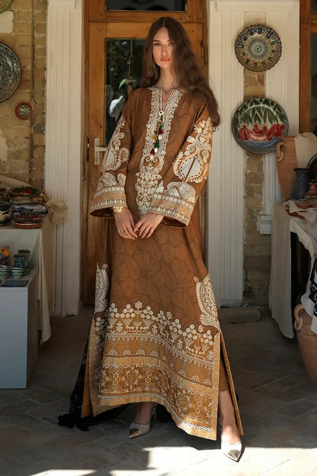 Samarkand Jewel by Mushq Broadway Winter 2026 mustard jacquard viscose stitched winter 3PC suit with embroidered neckline and shawl